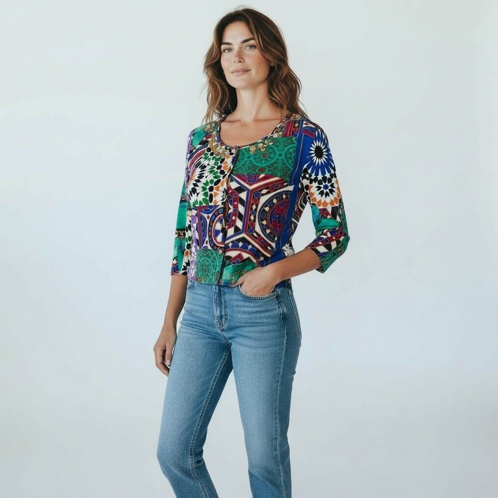 Blumarine Printed Embellished Knit Cardigan Sweater